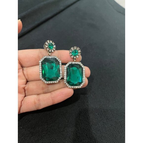 Dark Green earrings teardrop green crystal Rhinestone Crystal green Earrings - Picture 1 of 8